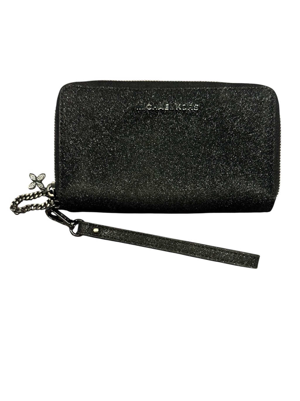Michael Kors Jet Set Black Glitter Wristlet Phone Wallet With Chain Charm